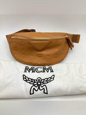 MCM Cognac Embossed Leather Belt Bag with Gold Hardware